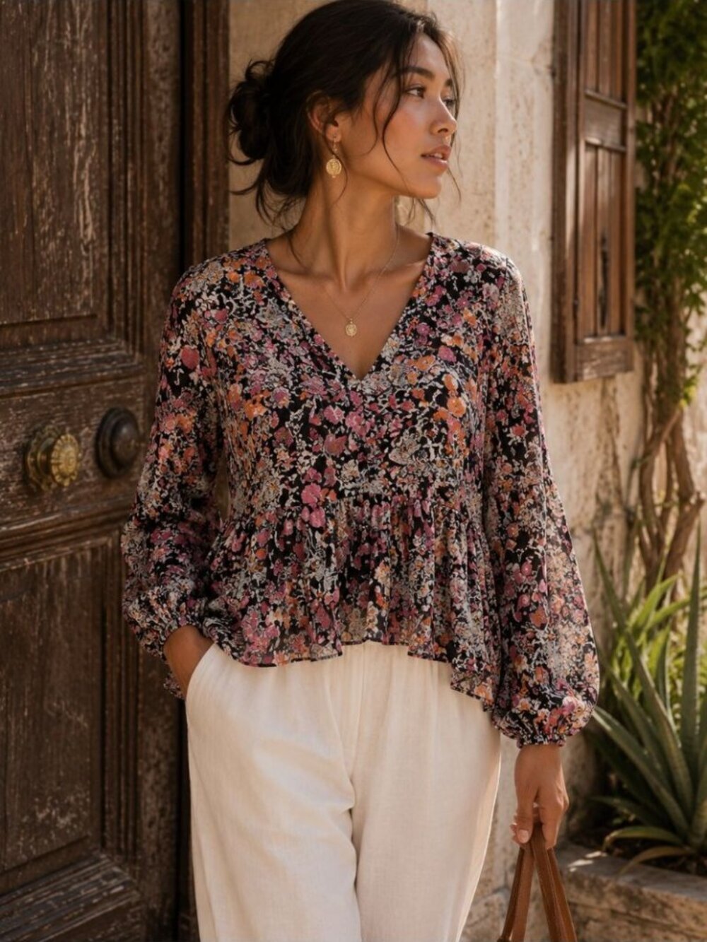 Lovestitch Floral V-Neck Peplum Blouse Small Boho Cottagecore Summer Chic